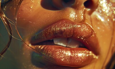 The model's lips are covered with glossy lip gloss, which reflects light, giving a juicy and voluminous look