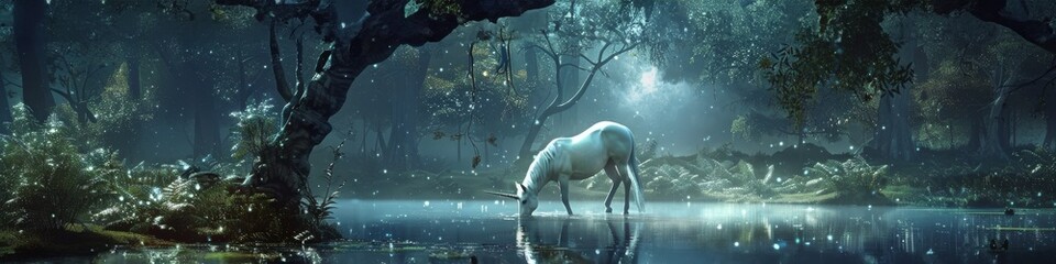 Obraz na płótnie Canvas A mystical scene of a unicorn drinking from a shimmering