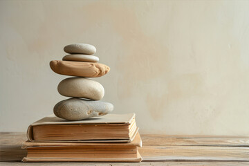 stack of zen stones on old books on a wooden table background - Powered by Adobe