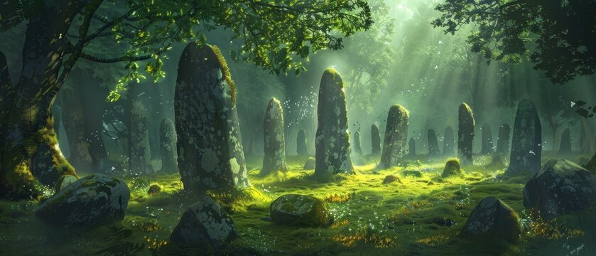 A mystical scene of a druids sacred grove filled with ancient standing stones
