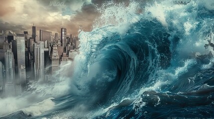 A surreal scene of a giant wave crashing over a city skyline - obrazy, fototapety, plakaty