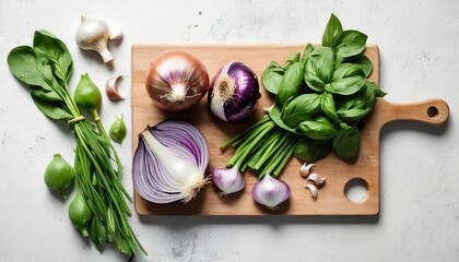 Fresh coriander and basil served on wooden board with charlotte onions, metal cleaver and garlic - obrazy, fototapety, plakaty