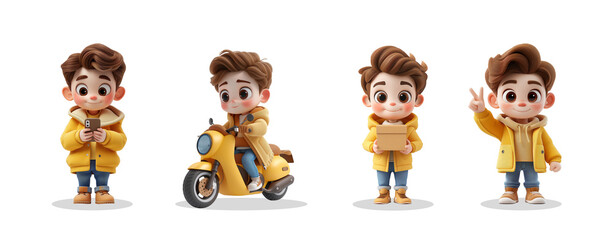 Fototapeta premium Set of Cute Boy Delivery cartoon 3D illustration, Shopping and Happy