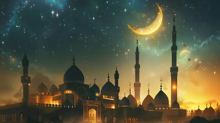 Ramadan Kareem greeting photo with serene mosque background with beautiful glowing lantern. - obrazy, fototapety, plakaty