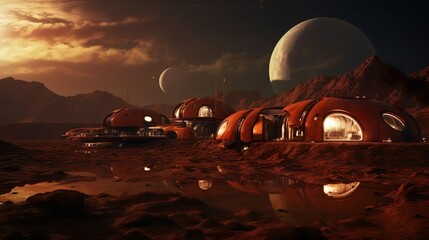 Fototapeta na wymiar Scientific expedition on the red planet. A modern technological laboratory and the first human homes on an alien planet. Mission flight beyond the solar system. Global science about the universe