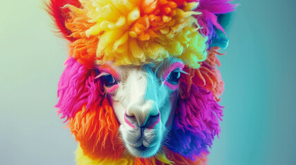 King of alpacas, clown on the head , skin make of rainbow , protrait , hyper-realistic, shot on , EOF , 1/1000 , F/2.5 ,White balance 5.5k