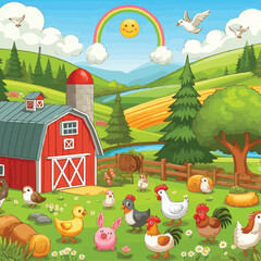 Fototapeta premium Landscape with farm animals vector illustration