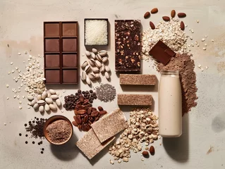  Nutrient-dense fitness snack layout with a variety of protein bars, nuts, and powder, highlighting organic textures and natural ingredients © Breezze