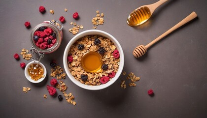 Obraz na płótnie Canvas Granola, dried berries and honey
