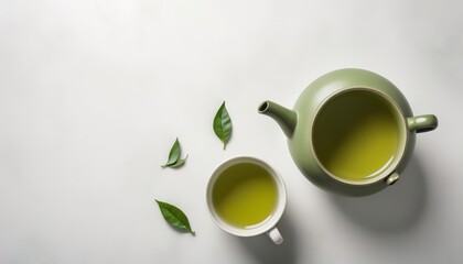 Green tea with ceramic teapot over a white texture background