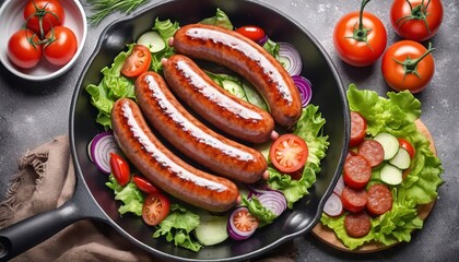 Grilled homemade sausages in a frying pan and salad fresh vegetables