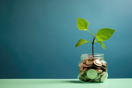 A green sprout grows from a jar with full of coints, copy space.