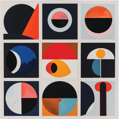 Geometric Abstract Composition: A grid of nine square panels, each featuring a bold, abstract geometric composition with a modernist influence