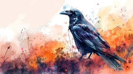 Digital watercolor painting f a raven on a White Background, Generative Ai 