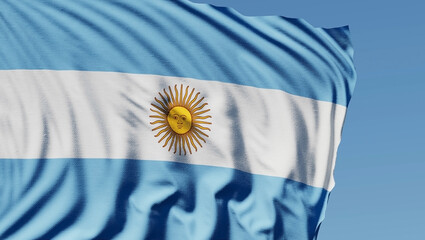 Close-up of the national flag of argentina flutters in the wind on a sunny day