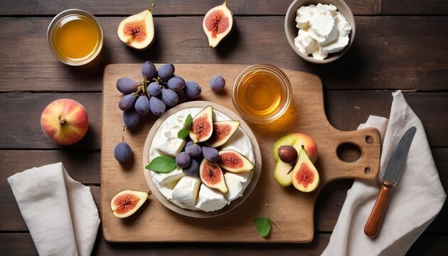 Home made ricotta cheese served with fresh fruit figs, nectarines, grapes and pears decorated with honey