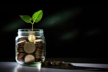 Plants are growing in jars with coins concept to save money. How to save, education, home, loan and investment. Plant Growing In Savings Coins - Investment And Interest Concept - obrazy, fototapety, plakaty