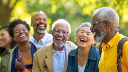 Multigenerational group sharing laughter in a sun-dappled park, showcasing the vibrancy of hopecore values - obrazy, fototapety, plakaty