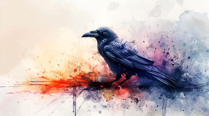 Digital watercolor painting f a raven on a White Background, Generative Ai 