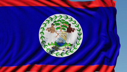 Close-up of the national flag of Belize flutters in the wind on a sunny day