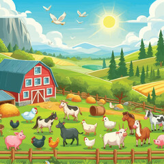 Fototapeta premium Landscape with farm animals vector illustration