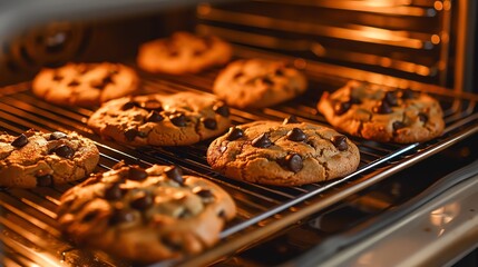 pieces of chocolate chip cookies baked in the oven - obrazy, fototapety, plakaty