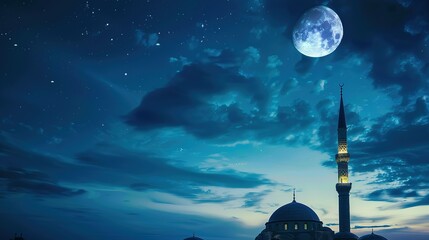 a large blue mosque with a full moon in the sky, Ramadan Kareem Mosque In Moon sky copy space for text