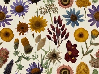 A background of asters, sunflowers, dandelions, dried leaves and other flowers that represents a collage of dried herbariums