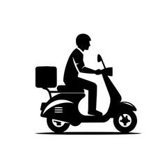 Vector icon of a delivery scooter. black silhouette of a man riding delivery scooter.
