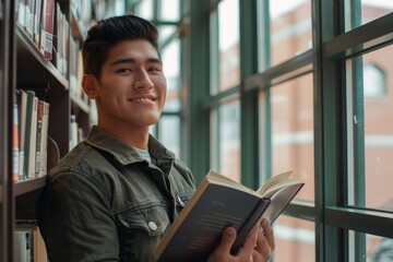 Young hispanic student reading a book while standing inside an academic university library, man...