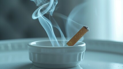 Cigarette smoke spirals upward from an ashtray in a clean, minimalist setting - obrazy, fototapety, plakaty