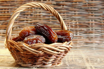 Delicious and Nutritious Dates in a Wooden Basket, Symbolizing Ramadan Hospitality and a Healthy Meal with Authenticity and Generosity