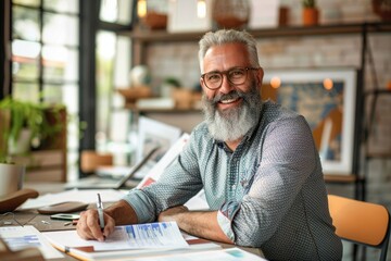 Successful and happy mature financier, senior businessman with beard and glasses smiling and looking at camera, man working inside office on paper work, investor satisfied with result, Generative AI - obrazy, fototapety, plakaty