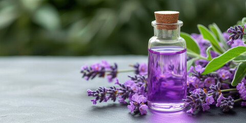 Obraz na płótnie Canvas Lavender essential oil in dark glass transparent bottle and fresh organic lavender flowers on background. Aromatherapy herbal treatment beauty treatment serum natural face and body care