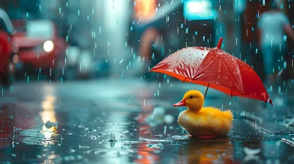 Fotobehang Cute little duck with an umbrella in the rain. generative ai © Easter