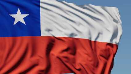 Close-up of the national flag of Chile flutters in the wind on a sunny day