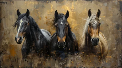 Fototapeten Artistic background with golden color brushstrokes on textured background. Oil on canvas. Modern Art. Horses, green, gray, wallpaper, posters, cards, murals, carpets, hangings, prints, etc. © Zaleman