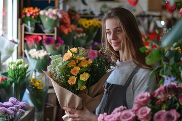 Positive shot of woman in flower shop store making flower bouquet, cheerful owner of shop is waiting for clients