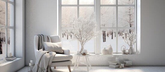 Scandinavian urban interior design with white room and armchair shown in window