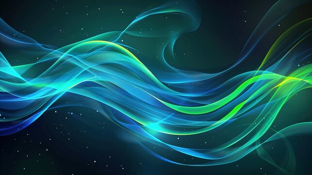 Vector abstract light lines wavy flowing dynamic in blue green colors, blue green purple colors isolated 