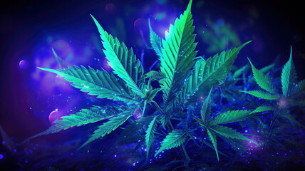 cannabis leaves neon shimmering on a blue background - obrazy, fototapety, plakaty
