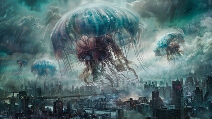 a giant jellyfish enveloping the sky over a desolate future cityscape, futuristic alien - obrazy, fototapety, plakaty
