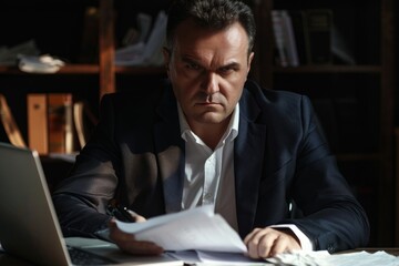 Portrait of mature strict serious financier businessman, man looking at camera with concentration and serious look at camera, boss in business suit behind paper work using laptop inside, Generative AI - obrazy, fototapety, plakaty