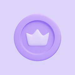 Coin with crown isolated on purple background. 3D icon, sign and symbol. Cartoon minimal style. Front view. 3D Render Illustration