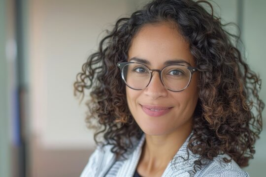 Close up photo portrait of beautiful Latin American woman with curly hair and glasses, businesswoman inside office building smiling and looking at camera, Generative AI