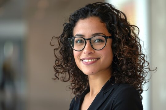 Close up photo portrait of beautiful Latin American woman with curly hair and glasses, businesswoman inside office building smiling and looking at camera, Generative AI