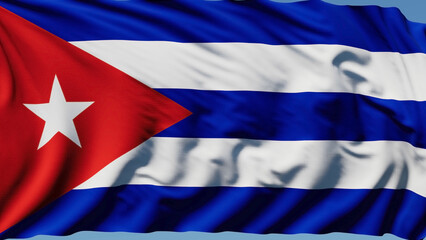 Close-up of the national flag of Cuba flutters in the wind on a sunny day
