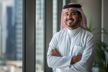 Young successful arab businessman with crossed arms smiling and looking out the window, financier inside office at workplace standing satisfied with achievements, Generative AI
