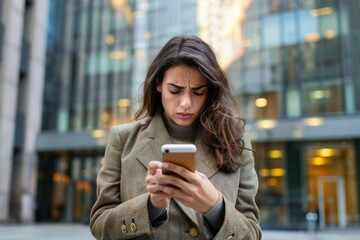 Upset and sad woman with phone in hands reading online message, Hispanic business woman received bad news notification while walking outside office building with smartphone, Generative AI