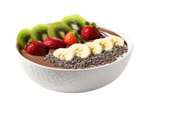 Acai bowl, coated with avocado, cocoa beans and chia seeds, served in a ceramic bowl. Decorated with coconut pieces isolated on transparent background. - Powered by Adobe